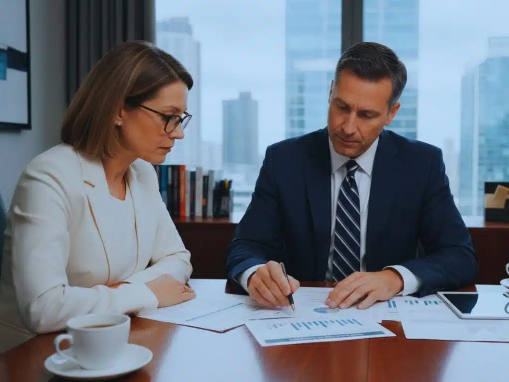 Financial adviser reviewing documents with a client while providing single-issue financial advice, or scaled advice
