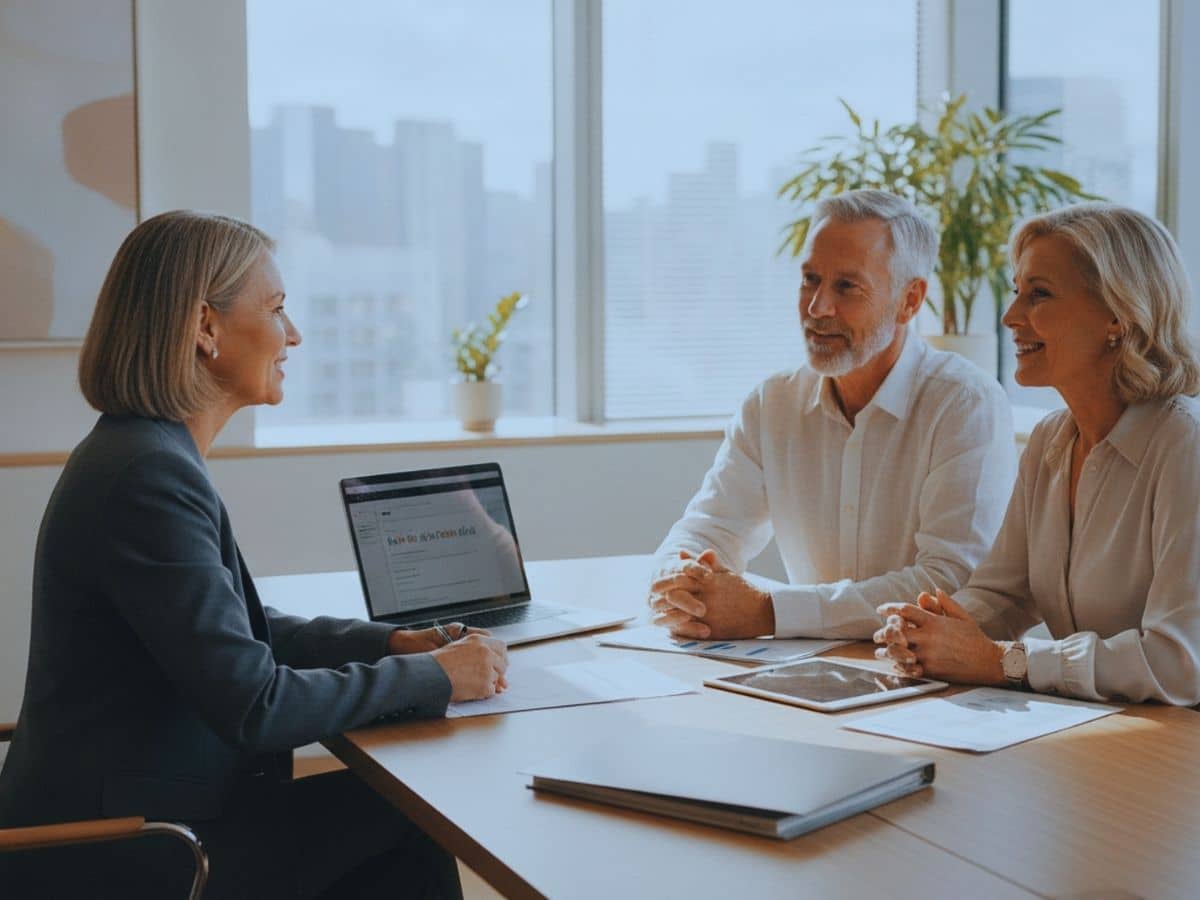 Couple meeting to discuss finances and comparing financial adviser vs wealth manager vs investment adviser