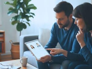 Couple comparing CFP® vs non-CFP financial advisers profiles and qualifications online